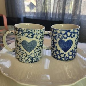 mugsGibson Housewares Blue Heart Sponge Paint Mugs Cups Set Of 2 Vintage Cottage